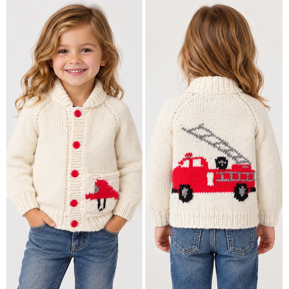 Vintage 50s Mary Maxim Kids Child Fire Truck Cardigan Hand Knit Cowichan Sweater